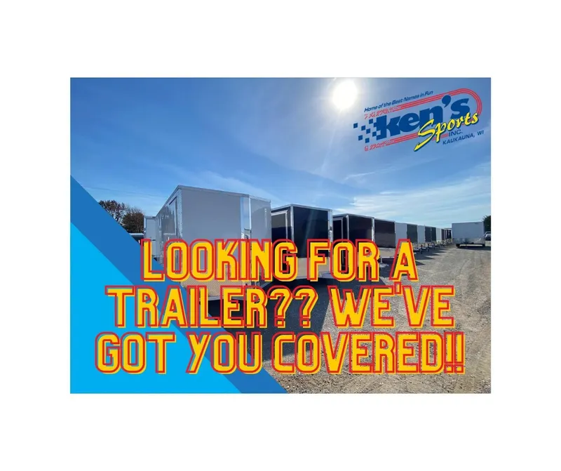 Slide: The Image of Trailer dealership advertisement with multiple trailers and bold text: "Looking for a trailer? We've got you covered!" - 23