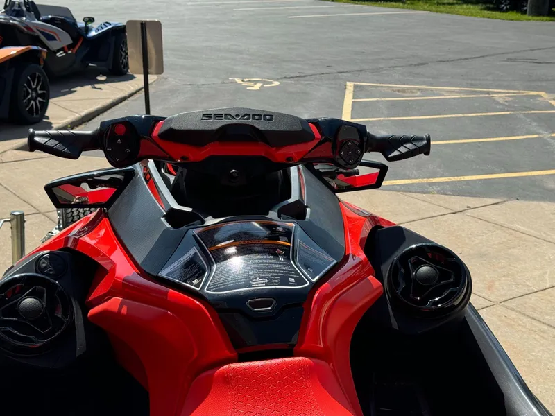 Slide: The Image of 2019 Sea-Doo RXT-X 300 iBR with sound system, red dashboard view. - 7