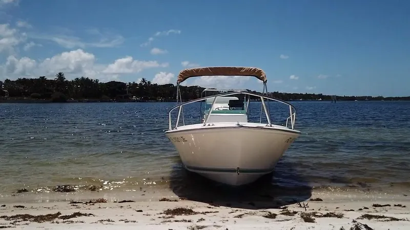 Slide: The Image of 1984 Aquasport 17 CC boat on sandy beach with clear blue water. - 12