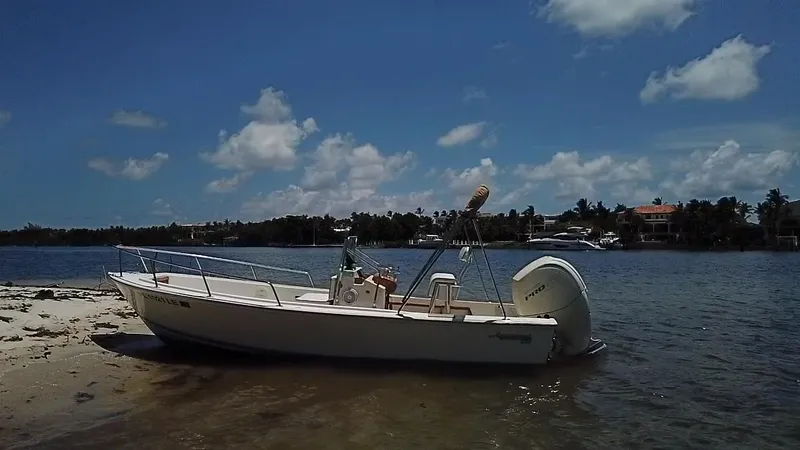 Slide: The Image of 1984 Aquasport 17 CC boat on sandy shore under blue sky. - 14