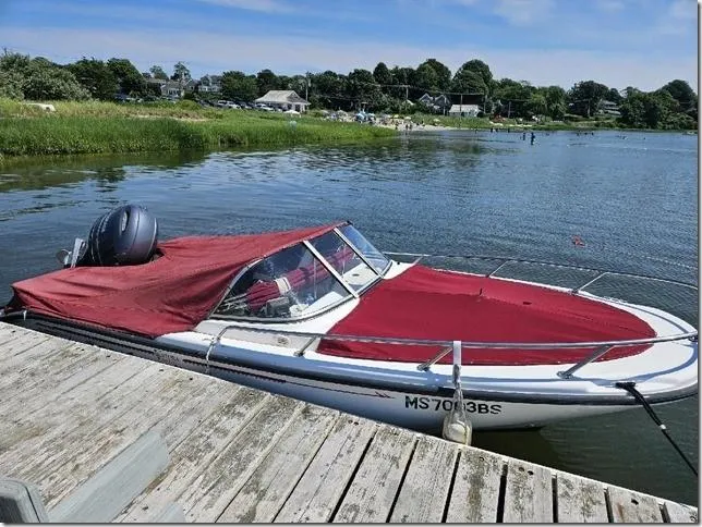 Slide: The Image of 2001 Boston Whaler 160 Ventura boat docked with red cover on a sunny day. - 8