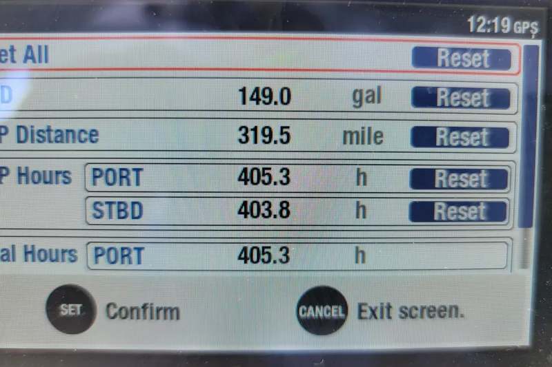 Slide: The Image of Display screen showing fuel, distance, and engine hours for 2020 Sea Hunt Gamefish 27 boat. - 11