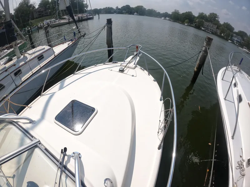 Slide: The Image of 2010 Scout 262 Abaco boat docked on a calm lake with surrounding sailboats. - 7