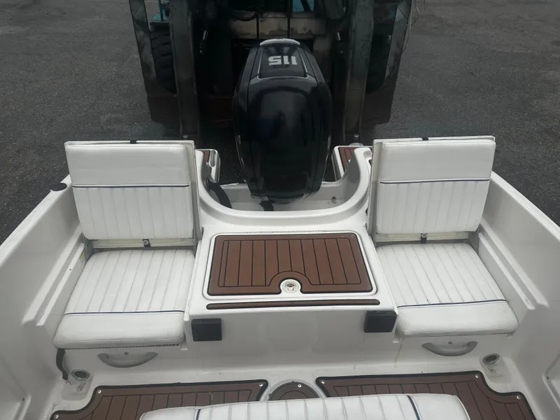 Slide: The Image of 2017 Bayliner Element F18 boat interior with white seating and wood accents. - 17