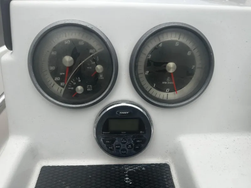 Slide: The Image of Dashboard of 2017 Bayliner Element F18 boat with gauges and controls. - 24