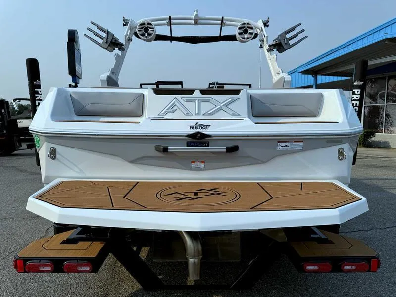 Slide: The Image of 2023 ATX Surf Boats 20 Type-S, rear view with swim platform and speakers. - 7