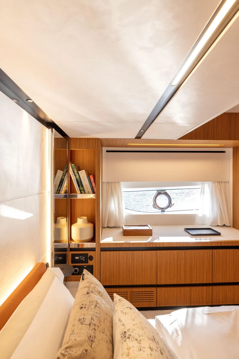 Slide: The Image of Luxurious interior of 2025 Solaris Power 60 Open yacht cabin with modern design. - 34