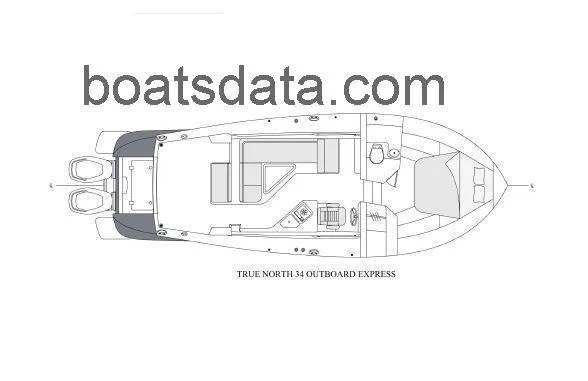 Slide: The Image of True North 34 Outboard Express 2024 boat layout diagram, top view. - 10