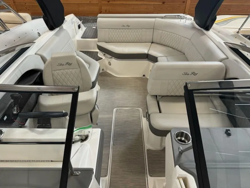 Slide: The Image of Interior of 2020 Sea Ray SLX 230 boat with luxurious seating and modern design. - 6