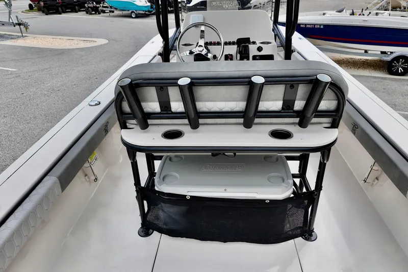 Slide: The Image of 2025 Carolina Skiff 26 Ultra Elite boat interior with seating and storage features. - 8