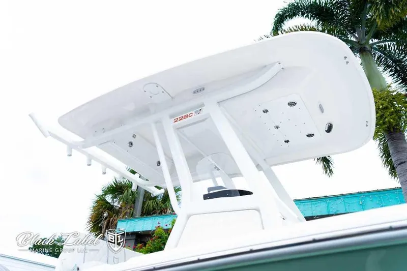 Slide: The Image of 2025 Sea Fox 228 Commander Center Console boat, viewed from below, with palm trees in background. - 2