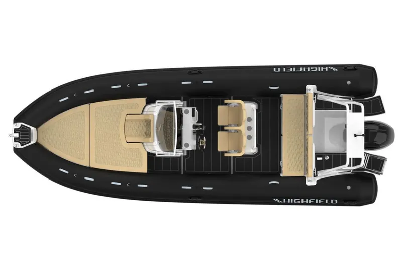 Slide: The Image of 2024 Highfield SP 600 RIB, top view, black and beige design, modern seating arrangement. - 12