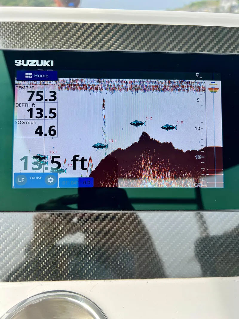 Slide: The Image of Suzuki fish finder display on 2024 Highfield SP 600 RIB, showing depth and temperature. - 23