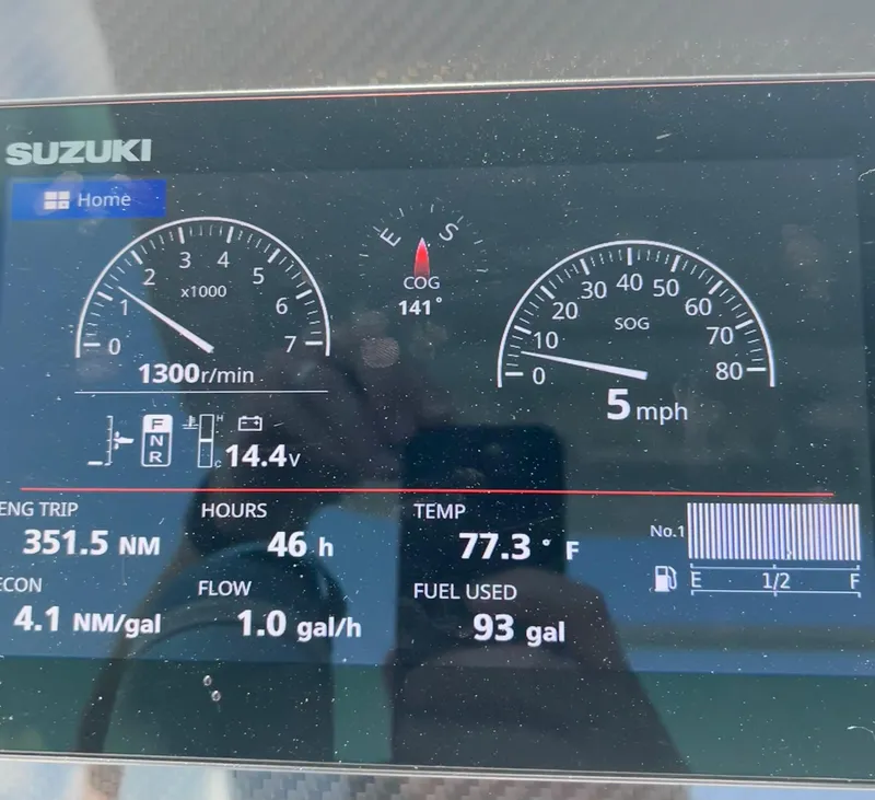 Slide: The Image of Dashboard of 2024 Highfield SP 600 RIB showing speed, RPM, and fuel data. - 8