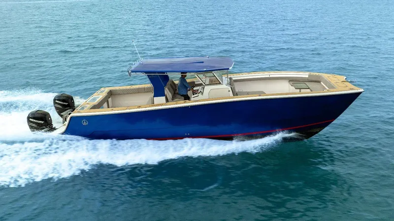 Slide: The Image of Custom Catamaran Sec CatFish 39, 2023 model, cruising on open water. - 0