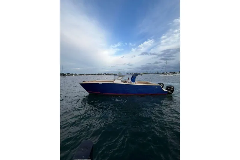 Slide: The Image of Custom 2024 Catamaran SET CAT on water, blue hull, scenic background. - 19