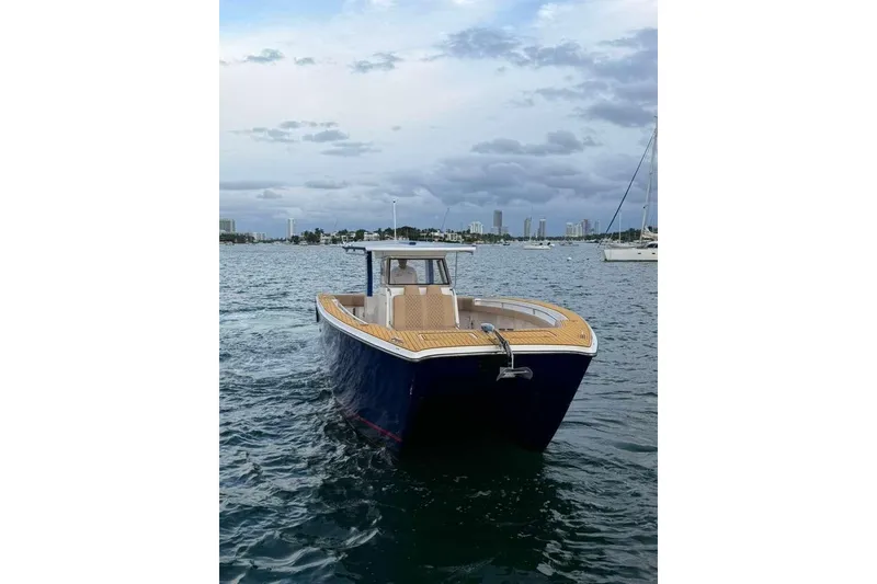 Slide: The Image of 2024 Custom Catamaran SET CAT on water, city skyline in background. - 20