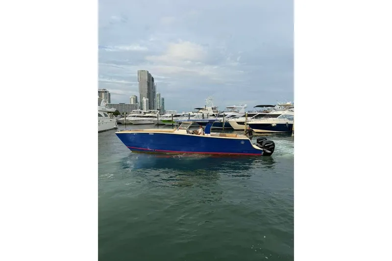 Slide: The Image of Custom 2024 Catamaran SET CAT in marina, city skyline background, blue hull, outboard motors. - 32