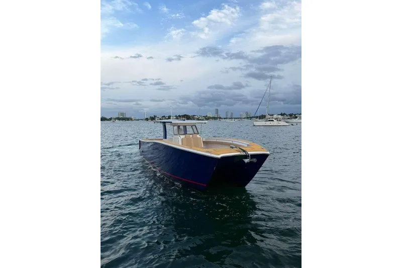 Slide: The Image of 2024 Custom Catamaran SET CAT on calm waters under a cloudy sky. - 70