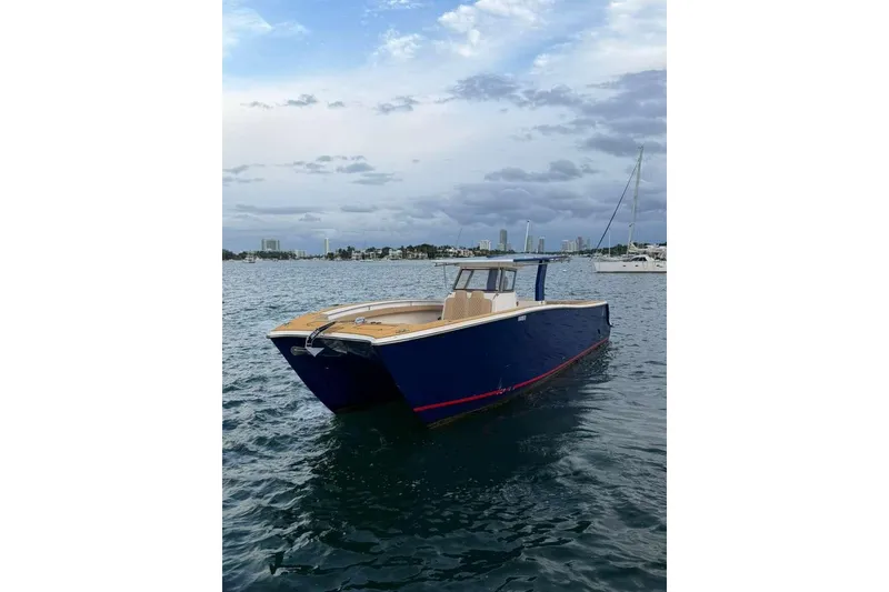 Slide: The Image of 2024 Custom Catamaran SET CAT on calm waters under cloudy sky. - 73