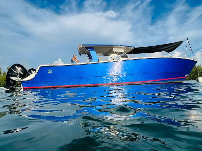 Slide: The Image of Custom Catamaran Sec CatFish 39, 2023 model, blue hull, on water, sunny day. - 8