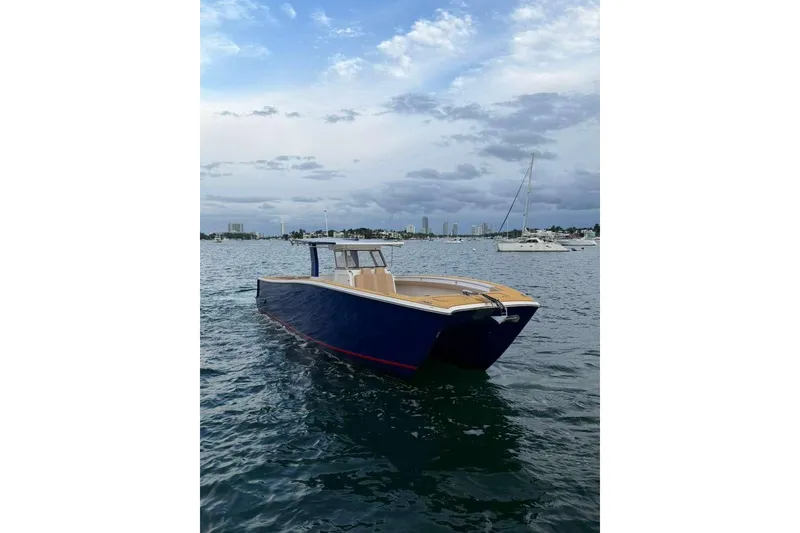 Slide: The Image of 2024 Custom Catamaran SET CAT on calm waters with city skyline background. - 93