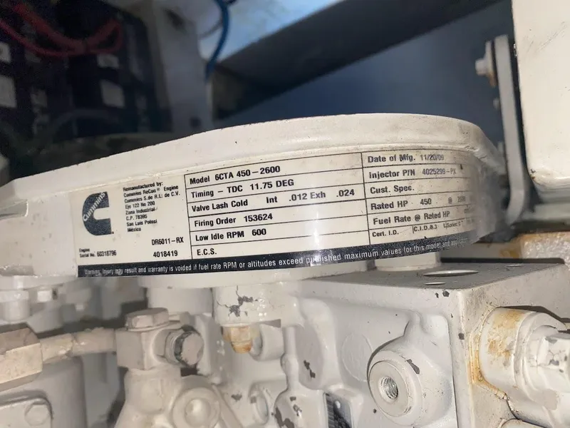 Slide: The Image of Engine label on a 1987 Ocean Yachts 44 Super Sport, displaying technical specifications. - 28