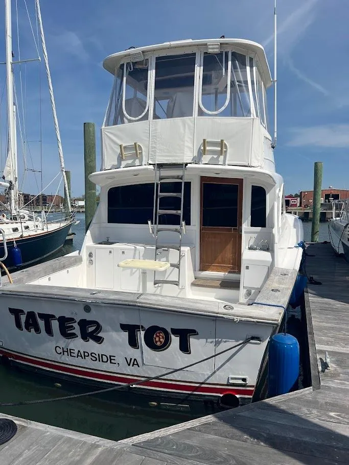 Slide: The Image of 1987 Ocean Yachts Super Sport docked, named "Tater Tot," in Cheapside, VA. - 37