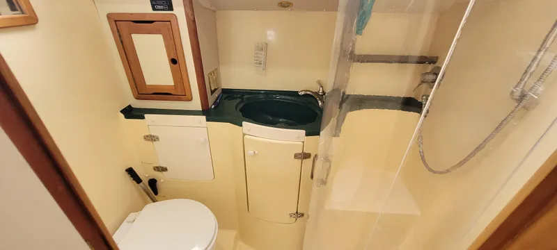 Slide: The Image of Compact bathroom in a 1997 Saga 43 boat with shower, sink, and toilet. - 44