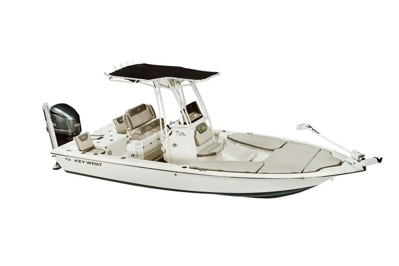 Slide: The Image of 2025 Key West 230 BR boat with canopy and seating, side view. - 13