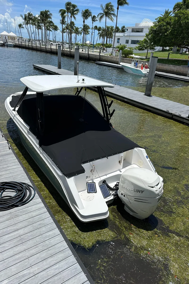 Slide: The Image of 2021 Boston Whaler 240 Vantage docked by a scenic waterfront with palm trees. - 12