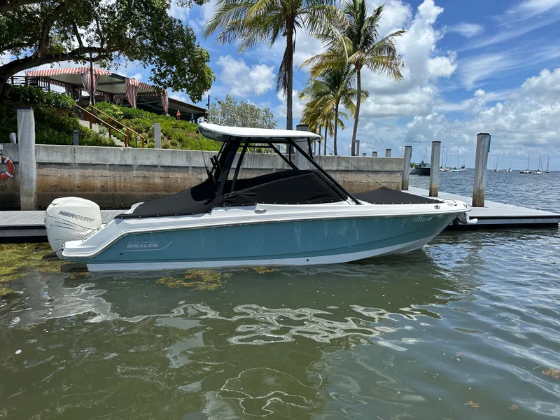 Slide: The Image of 2021 Boston Whaler 240 Vantage boat docked by palm trees under a clear sky. - 4