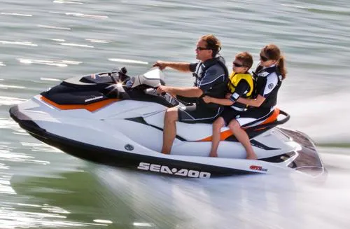 Slide: The Image of Family riding 2012 Sea-Doo GTI SE 130 jet ski on water. - 10