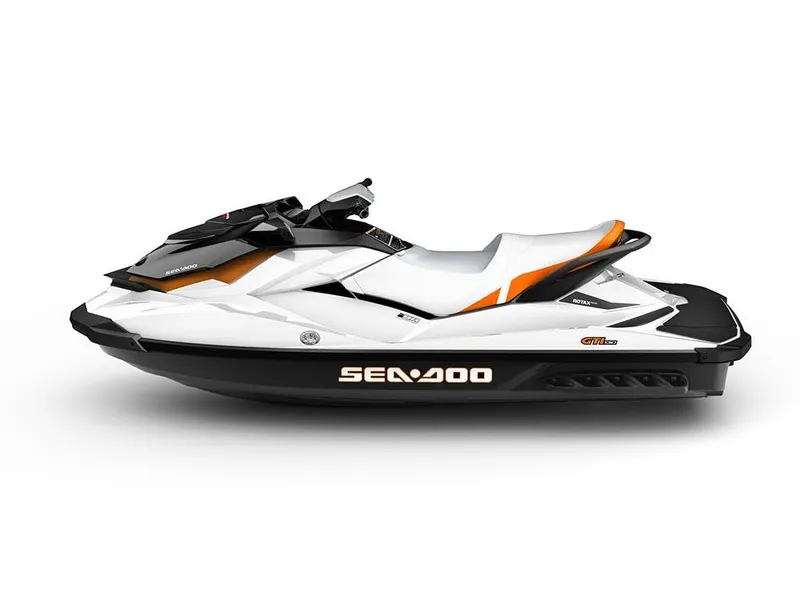 Slide: The Image of 2012 Sea-Doo GTI SE 130 jet ski, white and orange design, side view. - 8