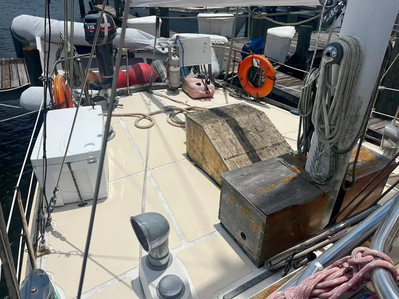 Slide: The Image of 1975 Cheoy Lee Offshore 53 MS yacht deck with equipment and safety gear. - 7