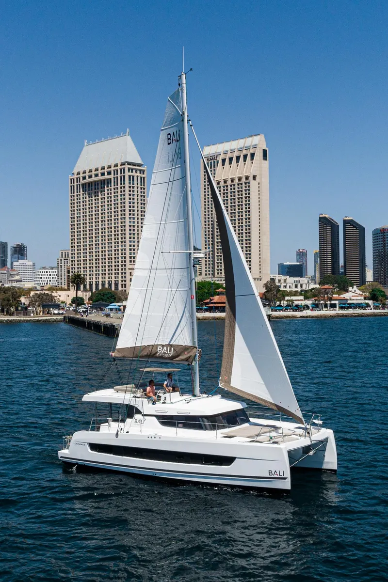 Slide: The Image of 2025 Bali CATSPACE catamaran sailing near city skyline on a sunny day. - 18