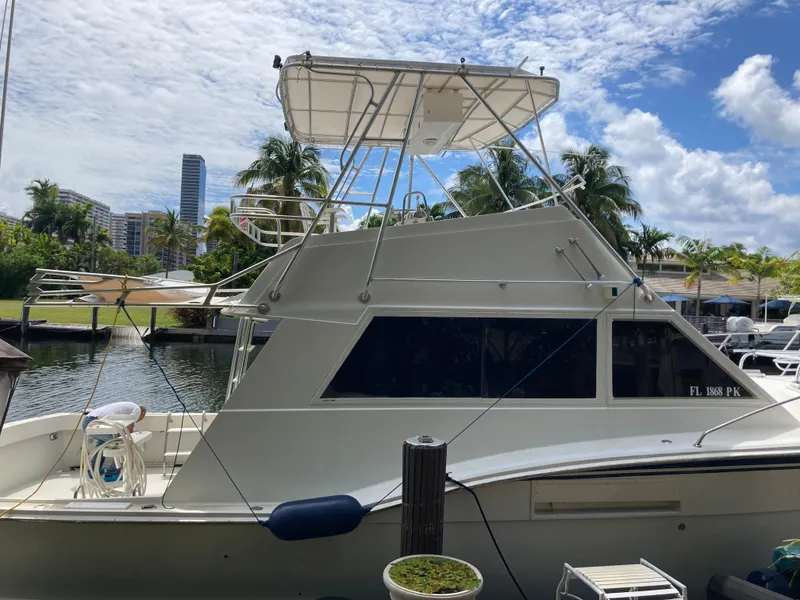 Slide: The Image of 1976 Hatteras 46 yacht docked by palm trees and buildings under a cloudy sky. - 2