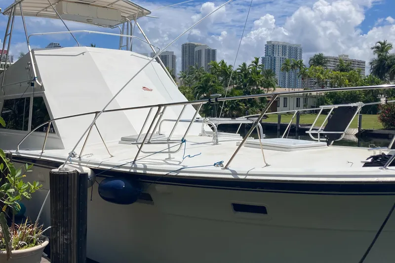 Slide: The Image of 1976 Hatteras 46 yacht docked, with city skyline and lush greenery in the background. - 3