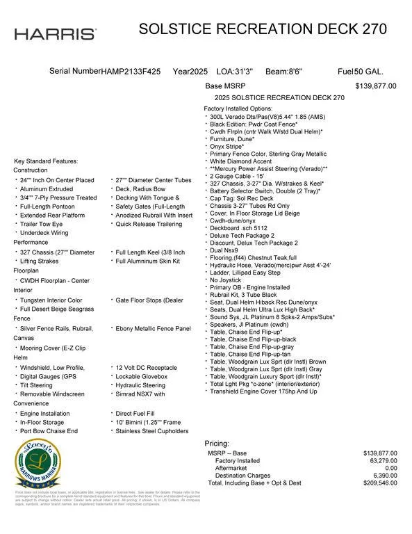 Slide: The Image of 2025 Harris Solstice 270 REC boat specifications and pricing details. - 22