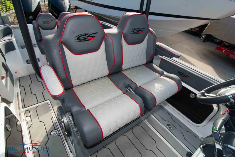 Slide: The Image of 2024 Glasstream 32 GSX boat interior with stylish seating and modern design. - 38