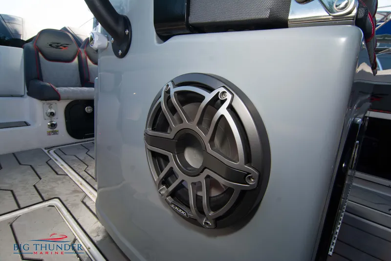 Slide: The Image of 2024 Glasstream 32 GSX boat interior with speaker detail and seating. - 39