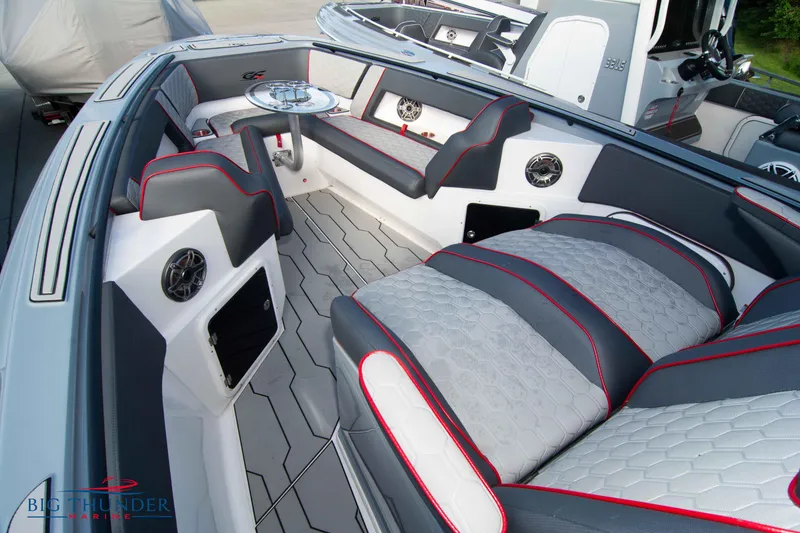 Slide: The Image of 2024 Glasstream 32 GSX boat interior with modern seating and stylish design. - 41