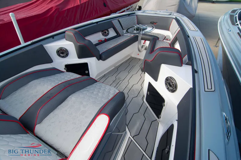 Slide: The Image of 2024 Glasstream 32 GSX boat interior with modern seating and sleek design. - 42