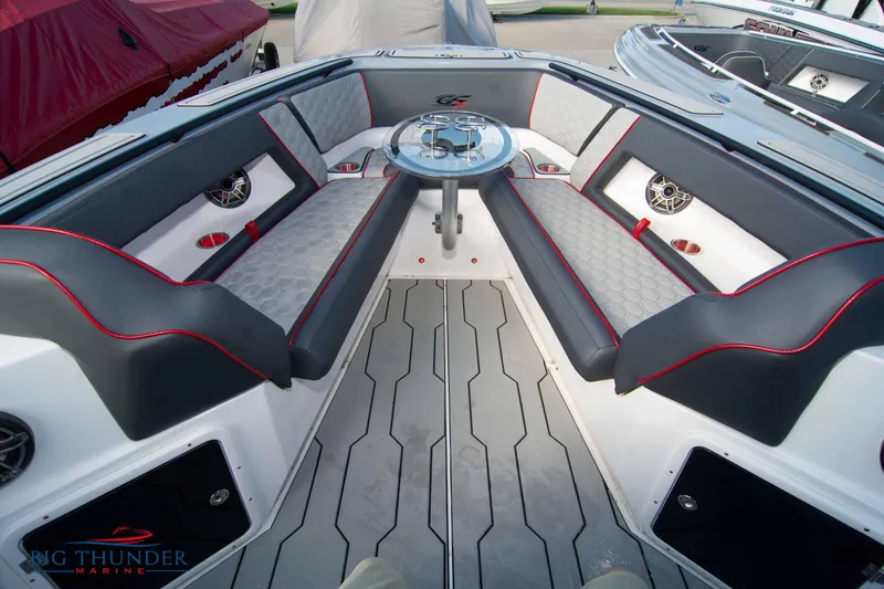 Slide: The Image of 2024 Glasstream 32 GSX boat interior with sleek seating and modern design. - 43