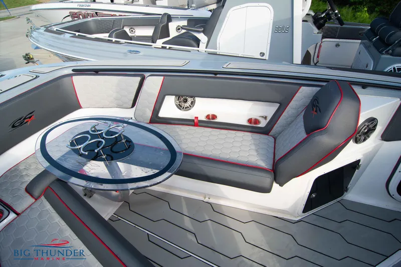 Slide: The Image of 2024 Glasstream 32 GSX boat interior with stylish seating and modern design. - 44