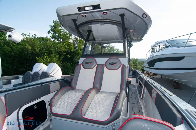 Slide: The Image of 2024 Glasstream 32 GSX boat interior with modern seating and sleek design. - 48
