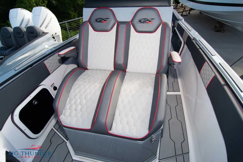 Slide: The Image of 2024 Glasstream 32 GSX boat interior with stylish dual seats and modern design. - 49
