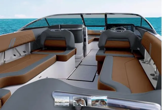 Slide: The Image of Luxurious 2025 Regal LS6 Ultimate boat interior with brown and gray seating on open water. - 3