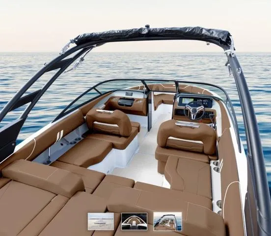 Slide: The Image of 2025 Regal LS2 boat interior with brown seating on open water. - 2