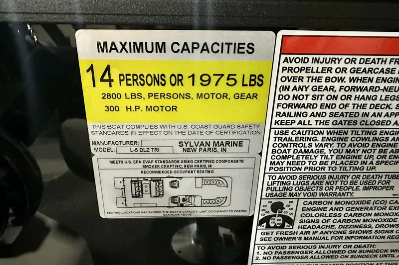 Slide: The Image of 2025 Sylvan L-5 boat capacity label: 14 persons, 1975 lbs, 300 HP motor. - 21